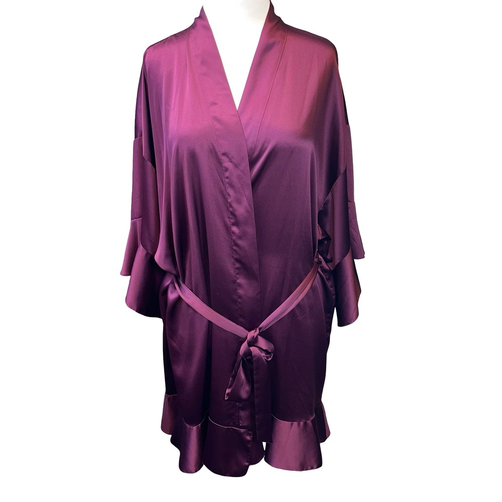 Victoria's Secret Womens Robe Plum Purple Satin Ruffle Kimono Sleepwear M/L